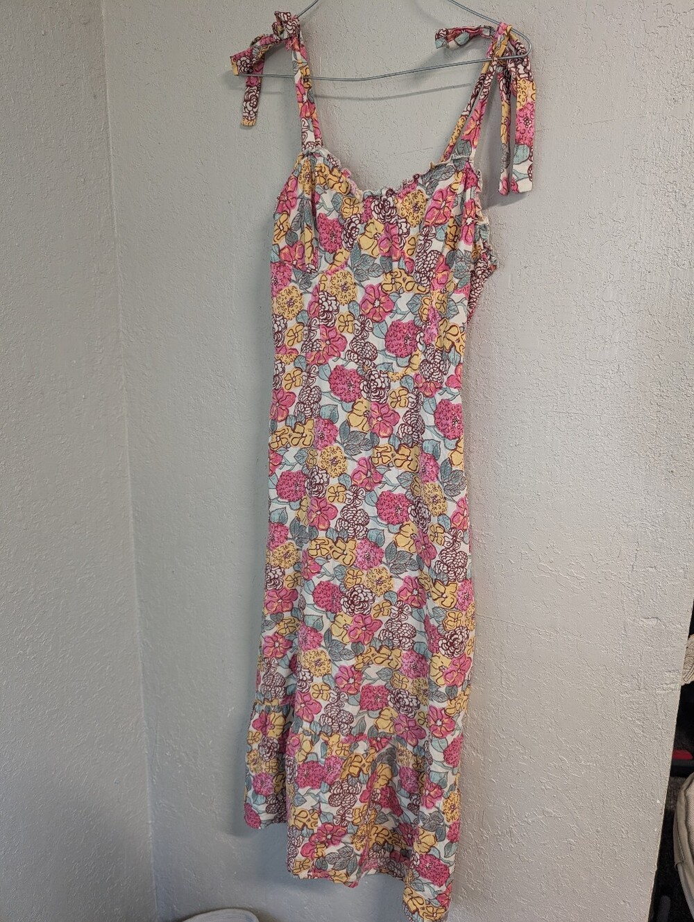 Floral Ruffle Midi Dress M Pink Yellow Coquette Cottagecore Dainty Fairy Boho